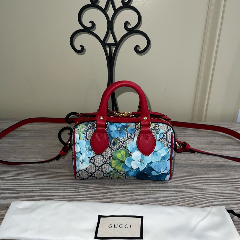 GUCCI GG Supreme Monogram Blooms Mini Boston Navy Blue Hibiscus - Picture 4 of 16